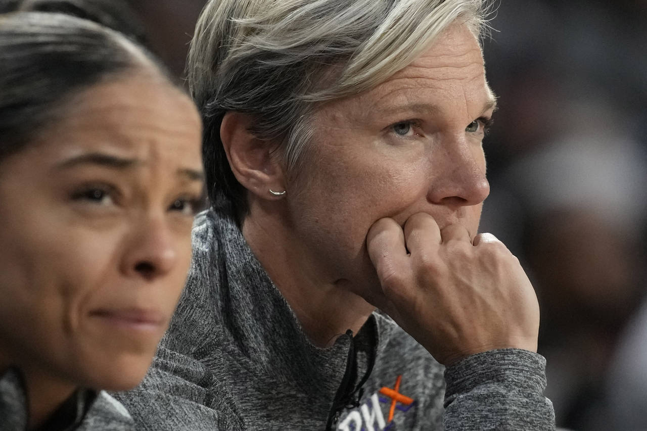 Phoenix Mercury head coach Vanessa Nygaard watches during the second half in Game 1 of a WNBA baske...