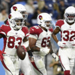Arizona Cardinals wide receiver Greg Dortch (83) runs to the bench after catching a touchdown pass against the Tennessee Titans in the second half of a preseason NFL football game Saturday, Aug. 27, 2022, in Nashville, Tenn. (AP Photo/Mark Zaleski)