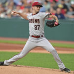 Arizona Diamondbacks starting pitcher Zach Davies delivers during the first inning of a baseball game against the Cleveland Guardians, Monday, Aug. 1, 2022, in Cleveland. (AP Photo/David Dermer)