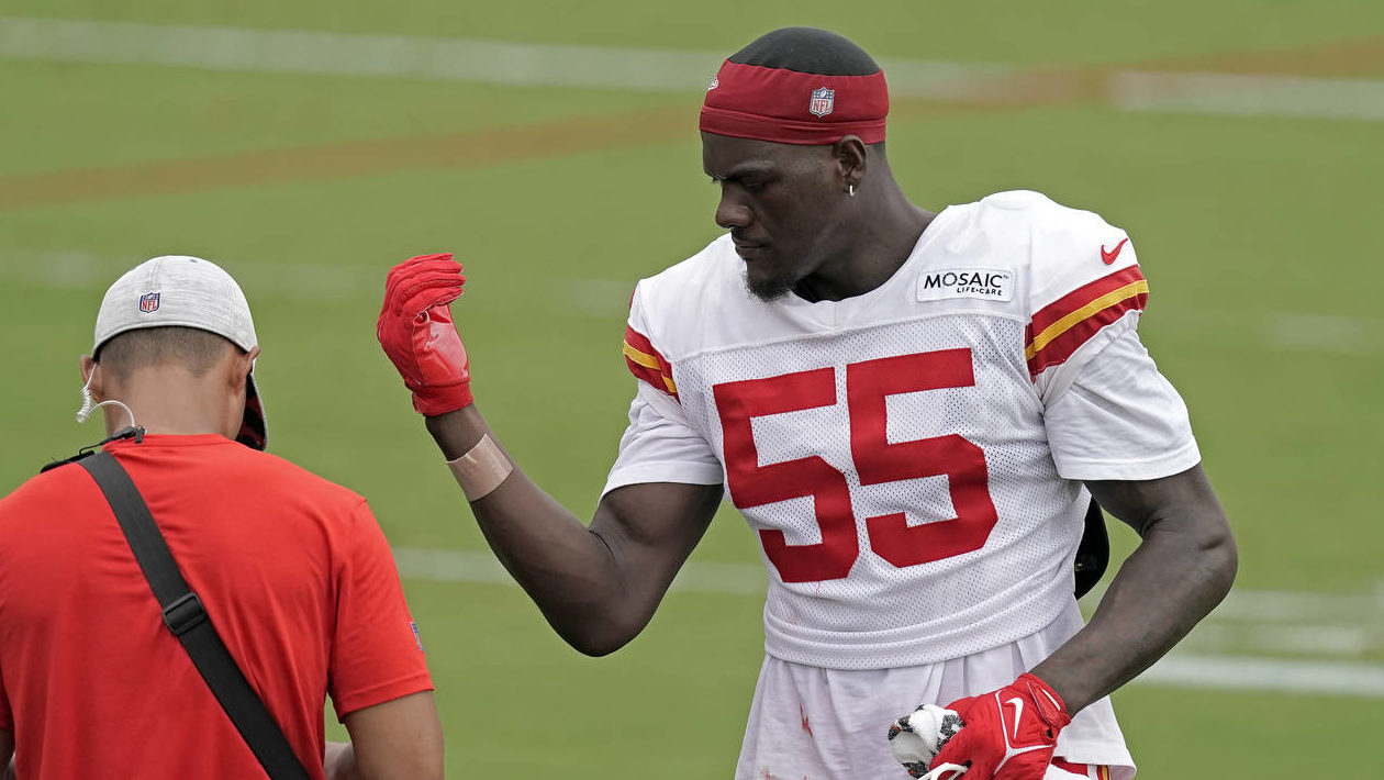 Kansas City Chiefs defensive end Frank Clark gets his arm bandaged during NFL football training cam...