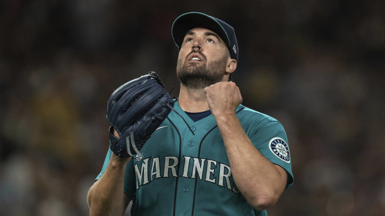 Seattle Mariners starting pitcher Robbie Ray walks off off the field during the seventh inning of t...