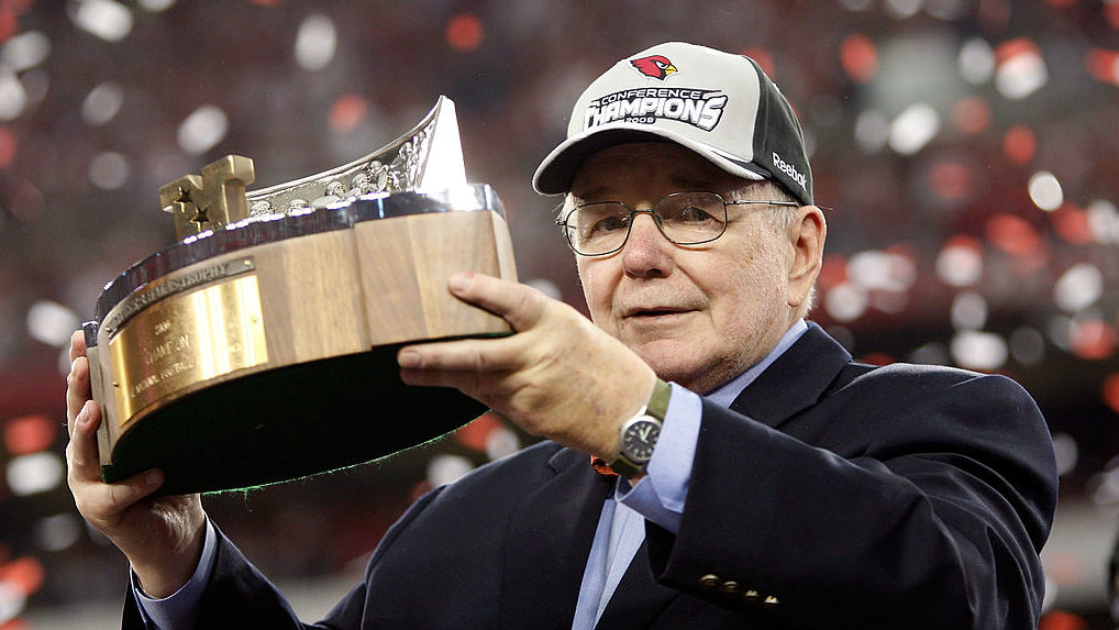 Owner Bill Bidwill of the Arizona Cardinals holds up the George S. Halas trophy after winning the N...