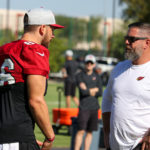 Arizona Cardinals TE Zach Ertz chats with DL coach Matt Burke chat ahead of practice Wednesday, Sept. 7, 2022, in Tempe. (Tyler Drake/Arizona Sports)