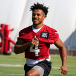 Arizona Cardinals WR Rondale Moore warms up ahead of practice on Monday, Sept. 5, 2022, in Tempe. (Tyler Drake/Arizona Sports)