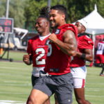 Arizona Cardinals WR Hollywood Brown and RB James Conner race ahead of practice on Monday, Sept. 5, 2022, in Tempe. (Tyler Drake/Arizona Sports)
