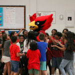 Arizona Cardinals mascot Big Red interacts with Adams Elementary students on Monday, Sept. 12, 2022, in Mesa. (Tyler Drake/Arizona Sports)