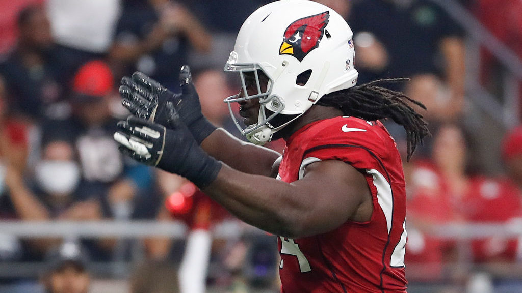 Markus Golden #44 of the Arizona Cardinals celebrates after recording a sack in the first quarter a...