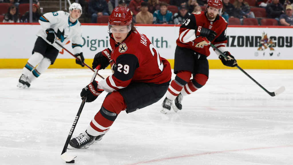 Barrett Hayton #29 of the Arizona Coyotes skates with the puck during the second period of the NHL ...