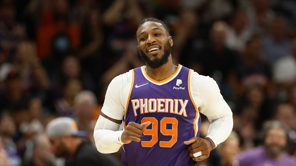 Jae Crowder #99 of the Phoenix Suns reacts after a three-point shot against the Los Angeles Lakers ...