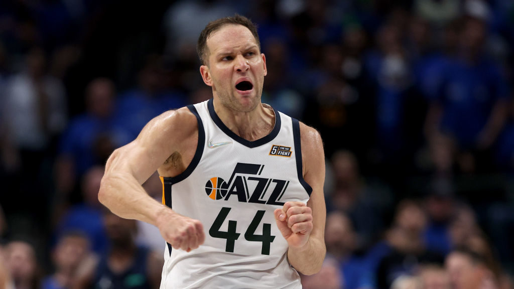 Bojan Bogdanovic #44 of the Utah Jazz reacts after scoring a three-point shot against the Dallas Ma...
