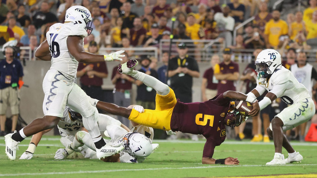 Quarterback Emory Jones #5 of the Arizona State Sun Devils dives short of the end-zone and stopped ...