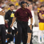 Head coach Herm Edwards of the Arizona State Sun Devils reacts during the first half of the NCAAF game against the Northern Arizona Lumberjacks at Sun Devil Stadium on September 01, 2022 in Tempe, Arizona. (Photo by Christian Petersen/Getty Images)