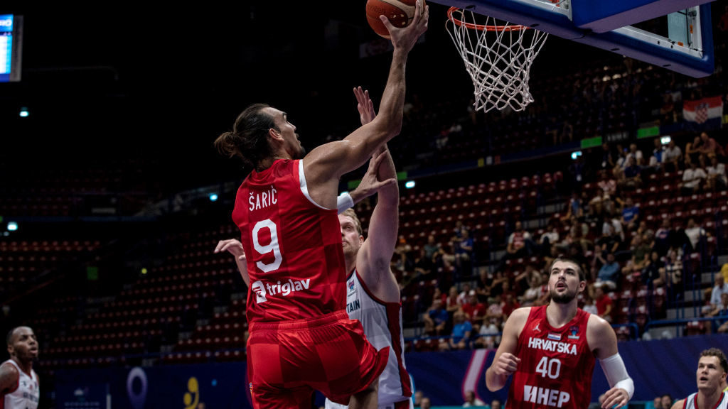 Dario Saric, #9 of Croatia, shooots the ball during the FIBA EuroBasket 2022 group C match between ...