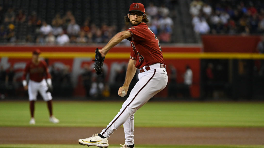 Zac Gallen #23 of the Arizona Diamondbacks pitches in the first inning against the Milwaukee Brewer...