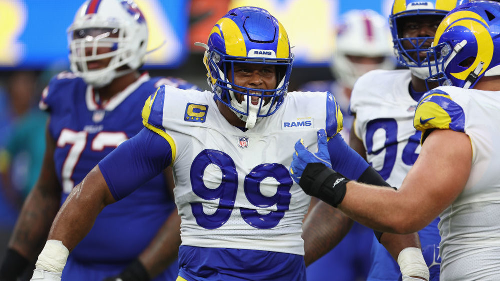Defensive tackle Aaron Donald #99 of the Los Angeles Rams reacts after a sack against the Buffalo B...