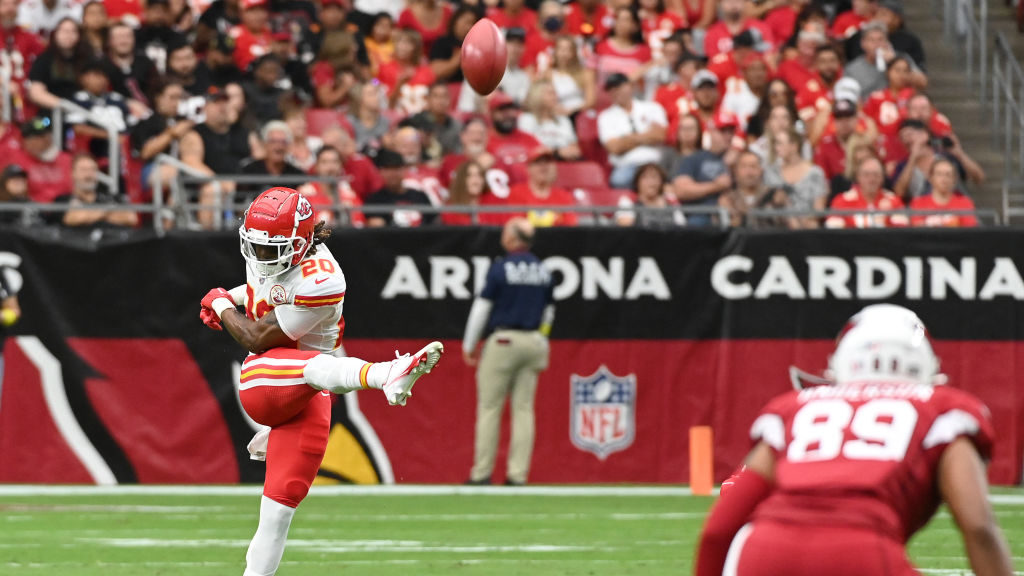 Safety Justin Reid #20 of the Kansas City Chiefs kicks the ball during the game against the Arizona...