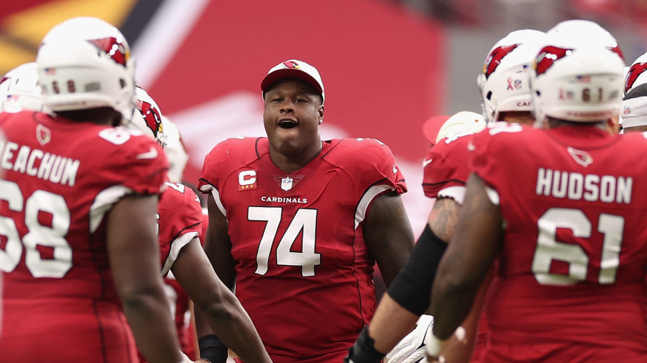 Offensive tackle D.J. Humphries #74 of the Arizona Cardinals is introduced during the NFL game at S...