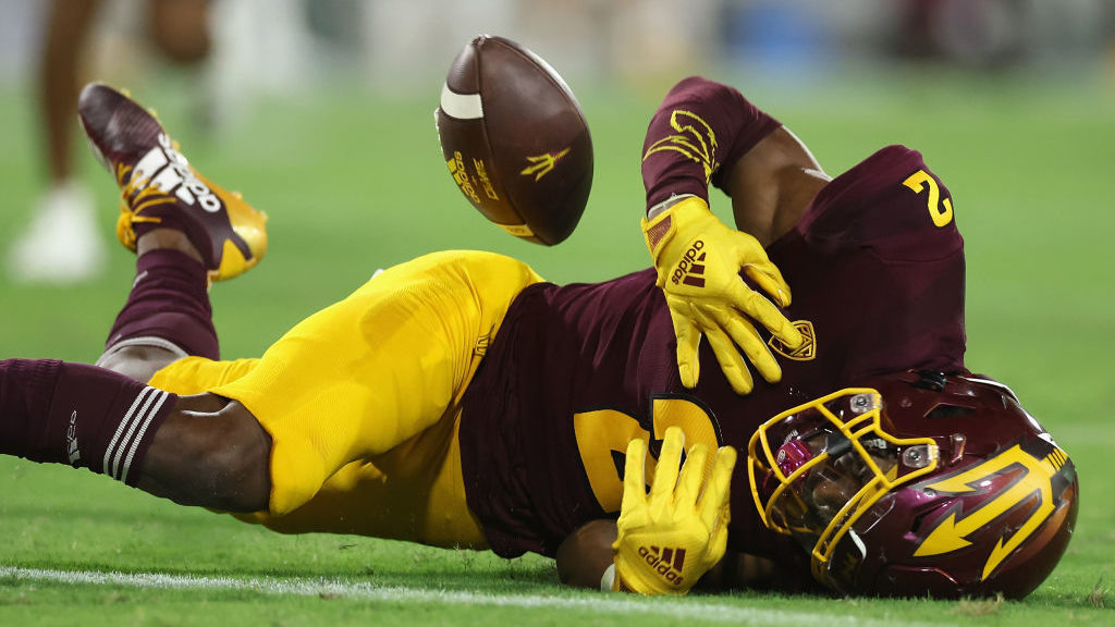 Wide receiver Elijhah Badger #2 of the Arizona State Sun Devils is unable make a reception during t...
