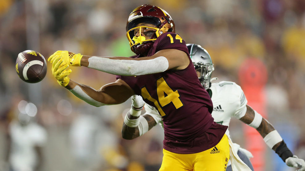 Wide receiver Zeek Freeman #14 of the Arizona State Sun Devils is unable to catch a deep pass durin...