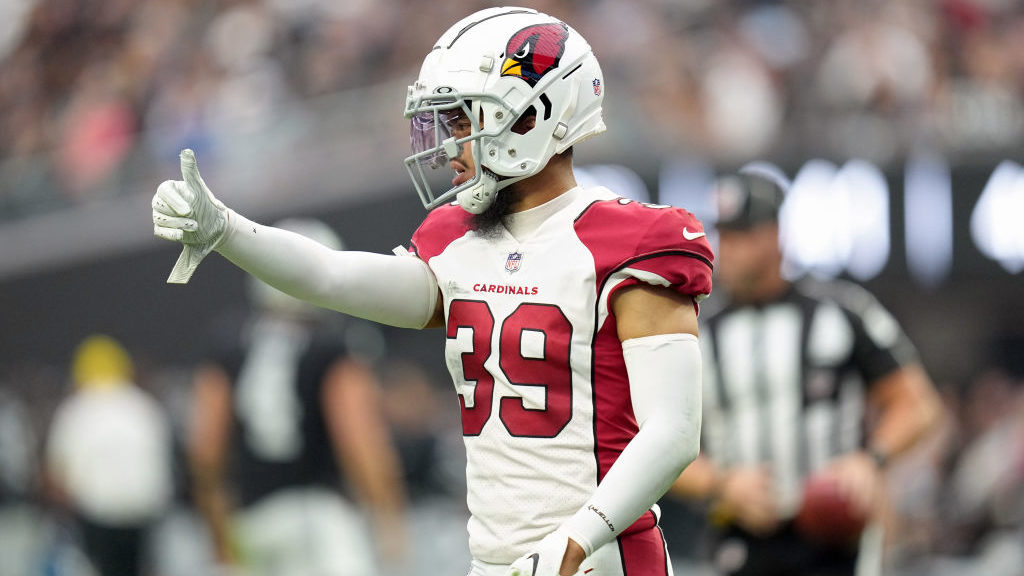 Jace Whittaker #39 of the Arizona Cardinals reacts in the second half against the Las Vegas Raiders...
