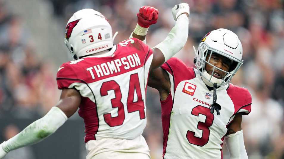Jalen Thompson #34 and Budda Baker #3 of the Arizona Cardinals react after an incomplete pass in th...