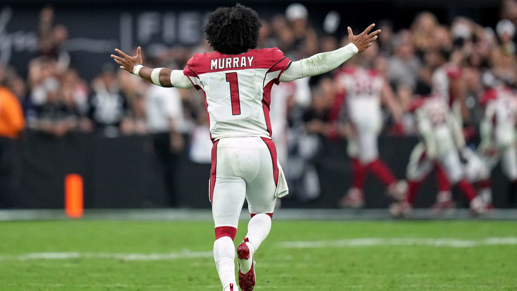 Kyler Murray #1 of the Arizona Cardinals celebrates after the game-winning touchdown in overtime ag...
