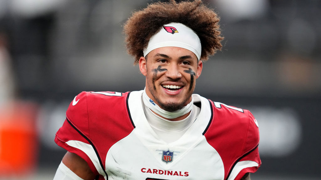 Byron Murphy Jr. #7 of the Arizona Cardinals smiles after returning a fumble for a game-winning tou...
