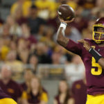Quarterback Emory Jones #5 of the Arizona State Sun Devils throws a pass during the first half of the NCAAF game at Sun Devil Stadium on September 17, 2022 in Tempe, Arizona. (Photo by Christian Petersen/Getty Images)