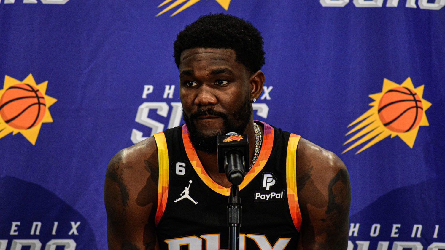 Phoenix Suns center Deandre Ayton speaks with the media at the team's media day (Photo by Jeremy Sc...