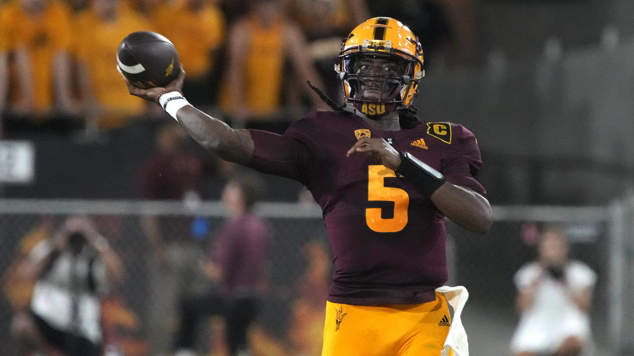 Arizona State quarterback Emory Jones throws a pass against Northern Arizona during the first half ...