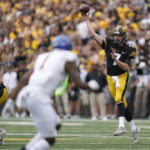 
              Iowa quarterback Spencer Petras (7) throws a pass during the first half of an NCAA college football game against South Dakota State, Saturday, Sept. 3, 2022, in Iowa City, Iowa. (AP Photo/Charlie Neibergall)
            