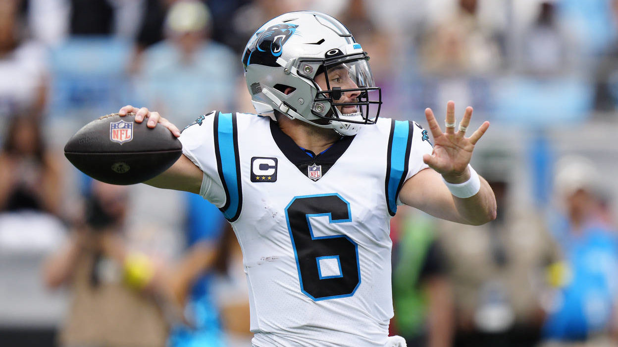 Carolina Panthers quarterback Baker Mayfield (6) sets back to pass during the first half of an NFL ...
