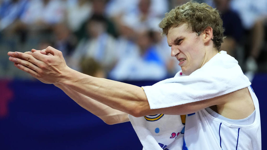 Finland's Lauri Markkanen gestures during the Eurobasket group D basketball match between Finland a...