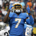 
              Los Angeles Chargers tight end Gerald Everett (7) celebrates after scoring against the Las Vegas Raiders during the second half of an NFL football game in Inglewood, Calif., Sunday, Sept. 11, 2022. (AP Photo/Marcio Jose Sanchez)
            