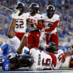 
              Kentucky wide receiver Barion Brown (2) is brought down in the end zone for a touchdown by Northern Illinois safety CJ Brown (6) during the first half of an NCAA college football game in Lexington, Ky., Saturday, Sept. 24, 2022. (AP Photo/Michael Clubb)
            