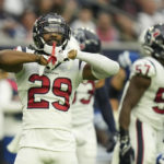 Houston Texans safety M.J. Stewart (29) reacts after a tackle during the second half of an NFL football game Sunday, Sept. 11, 2022, in Houston. (AP Photo/Eric Christian Smith)