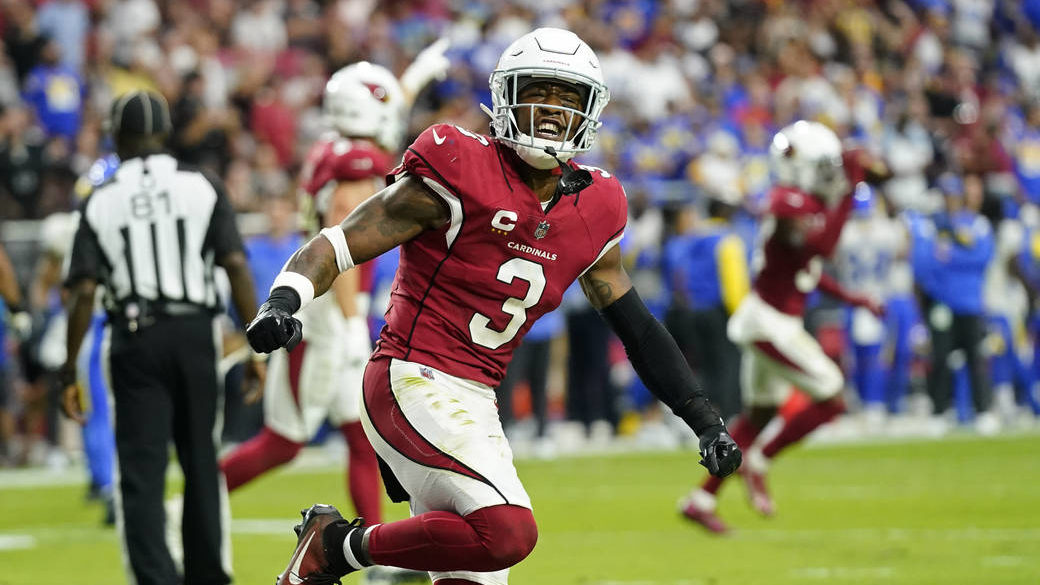 Arizona Cardinals safety Budda Baker (3) celebrates after the Cardinals recovered a fumble by the L...