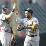 Oakland Athletics' Vimael Machin, right, and Seth Brown celebrate their win over the Baltimore Orioles in a baseball game, Sunday, Sept. 4, 2022, in Baltimore. (AP Photo/Gail Burton)