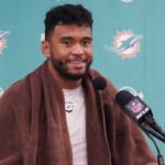 Miami Dolphins quarterback Tua Tagovailoa (1) talks during a post game news conference after an NFL football game against the Buffalo Bills, Sunday, Sept. 25, 2022, in Miami Gardens, Fla. The Dolphins defeated the Bills 21-19. (AP Photo/Wilfredo Lee )