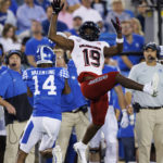 
              Northern Illinois wide receiver Shemar Thornton (19) reaches out and misses a pass while being guarded by Kentucky defensive back Carrington Valentine (14) during the first half of an NCAA college football game in Lexington, Ky., Saturday, Sept. 24, 2022. (AP Photo/Michael Clubb)
            