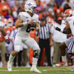 
              Furman Paladins quarterback Tyler Huff (6) drops back to pass in the first quarter during an NCAA college football game against the Clemson Tigers in Clemson, S.C., Saturday, Sept. 10, 2022. (AP Photo/Jacob Kupferman)
            