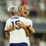 
              United States' Megan Rapinoe, left, and Mallory Pugh celebrate a goal by Rose Lavelle during the second half of the team's international friendly soccer match against Nigeria, Tuesday, Sept. 6, 2022, in Washington. (AP Photo/Julio Cortez)
            