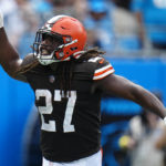 
              Cleveland Browns running back Kareem Hunt celebrates after scoring against the Carolina Panthers during the first half of an NFL football game on Sunday, Sept. 11, 2022, in Charlotte, N.C. (AP Photo/Rusty Jones)
            