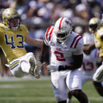 
              Georgia Tech punter David Shanahan (43) has his punt blocked by Mississippi's Cedric Johnson (2) in the first half of an NCAA college football game, Saturday, Sept. 17, 2022, in Atlanta. (AP Photo/John Bazemore) Mississippi
            