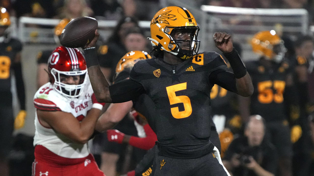 Arizona State quarterback Emory Jones (5) looks to pass against Utah during the first half of an NC...