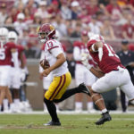 
              Southern California quarterback Caleb Williams (13) runs the ball against Stanford during the first half of an NCAA college football game in Stanford, Calif., Saturday, Sept. 10, 2022. (AP Photo/Godofredo A. Vásquez)
            