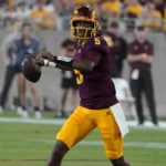 Arizona State quarterback Emory Jones (5) looks to pass against Eastern Michigan during the first half of an NCAA college football game Saturday, Sept. 17, 2022, in Tempe, Ariz. (AP Photo/Darryl Webb)
