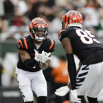 Cincinnati Bengals wide receiver Ja'Marr Chase (1) celebrates with teammate Tee Higgins (85) after scoring a touchdown during the second half of an NFL football game against the New York Jets Sunday, Sept. 25, 2022, in East Rutherford, N.J. (AP Photo/Adam Hunger)