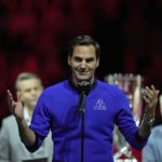 
              Team Europe's Roger Federer speaks at the end of the Laver Cup tennis tournament in London, Sunday, Sept. 25, 2022. (AP Photo/Kin Cheung)
            