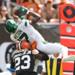 New York Jets wide receiver Garrett Wilson (17) has a pass broken up by Cleveland Browns cornerback Martin Emerson Jr. (23) during the second half of an NFL football game, Sunday, Sept. 18, 2022, in Cleveland. (AP Photo/Ron Schwane)